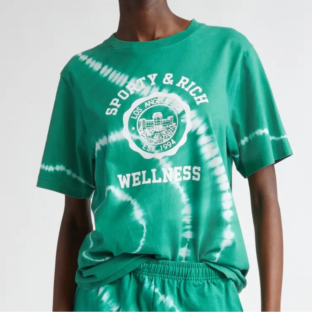 Sporty & Rich Cotton Tie-Dye Short Sleeve Tee ‘Wellness Club’ Green, S, M, NWT